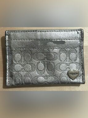 Coach Women’s Silver Patent Signature Logo Heart Card Holder Card Wallet, FLAW